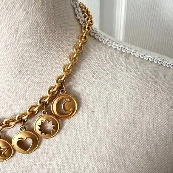 Anne Klein Vintage 80s Gold Tone Celestial Carved Medallion Charm Necklace RARE